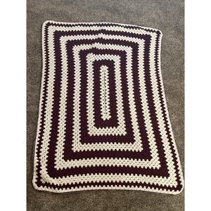 Handmade Blanket Afghan Crochet Knitted Maroon & Cream (approximately 55” x 40”)